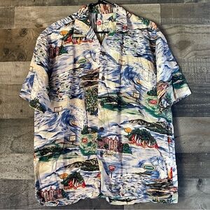Hilo Hattie Blue and Green Casual Button Down Shirt